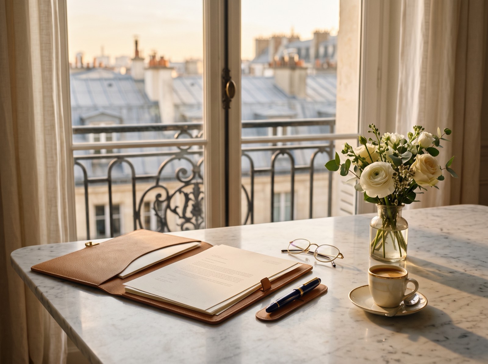 Dossier de gestion, lunettes et café sur une table de marbre devant les toits de Paris — le suivi d'un bien en gestion locative